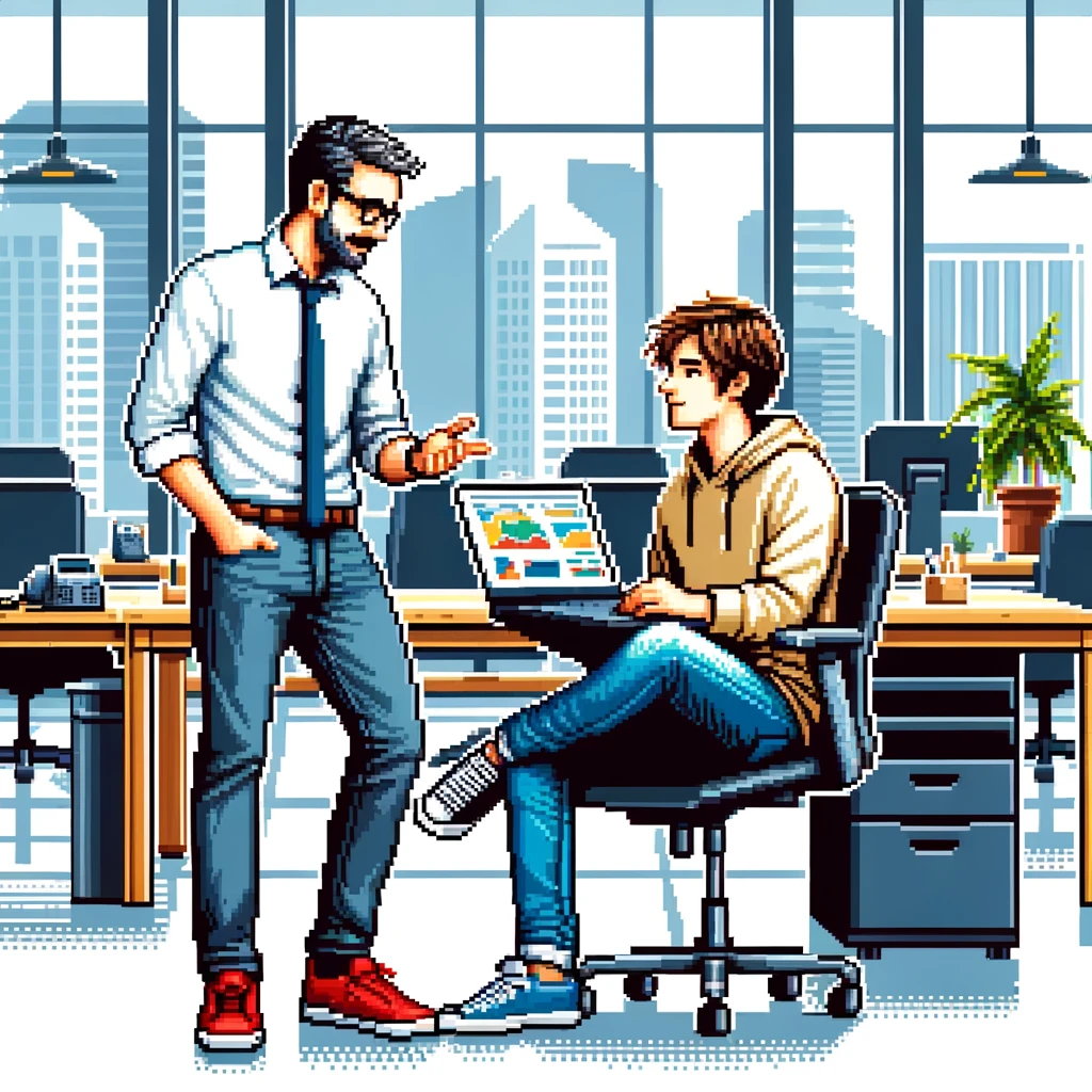 Image dans le style "pixel art". Deux jeunes hommes qui discutent, un assis et attentif, avec un ordinateur portable sur les genoux. L'autre semble lui donner des explications.