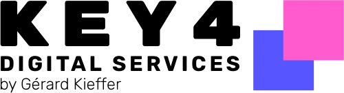 Key4 Digital Services by Gérard Kieffer. Logo représentant deux pixels sous la forme de grand carrés rose et violet.