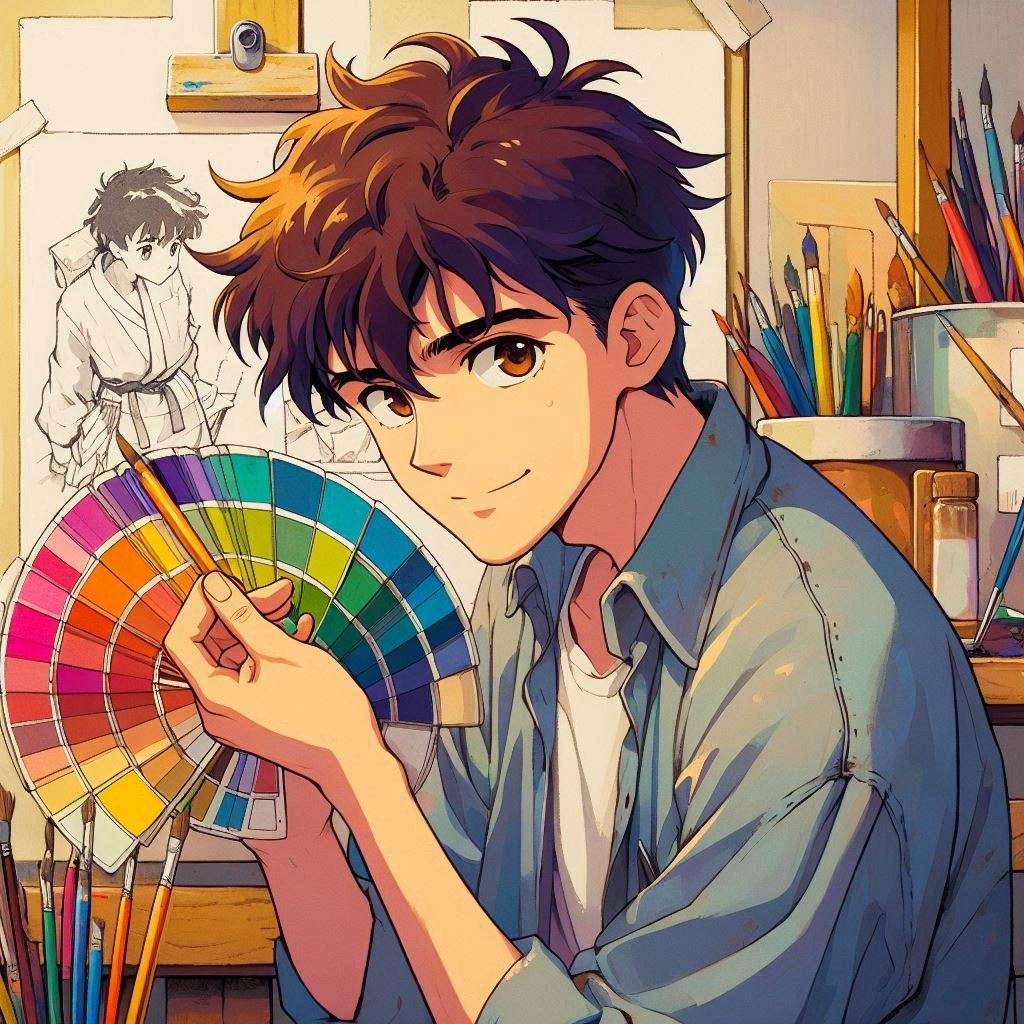 Cartoon style image. An artist holding a color palette and a brush.