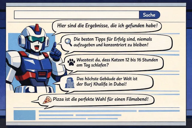 Illustration einer Suchergebnisseite, auf der ein freundlicher Roboter Antworten in Sprechblasen präsentiert. Die Sprechblasen wirken wie Suchergebnisse, die direkt vom Roboter stammen, und symbolisieren KI-generierte Antworten einer Suchmaschine.
