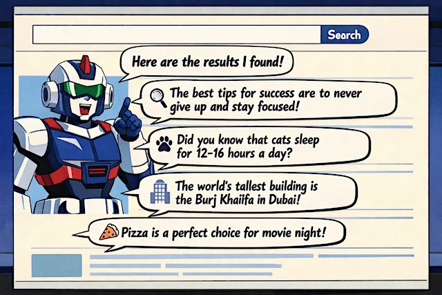 An illustration of a search results page where a friendly robot presents answers in speech bubbles. The bubbles look like search results coming directly from the robot, symbolizing AI-generated answers provided by a search engine.