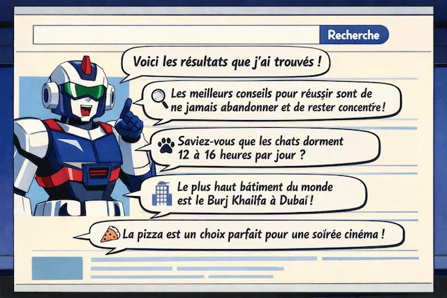 Illustration d’une page de résultats de recherche où un robot amical présente des réponses dans des bulles de dialogue. Les bulles ressemblent à des résultats de recherche provenant directement du robot, ce qui symbolise des réponses générées par l’IA d’un moteur de recherche.